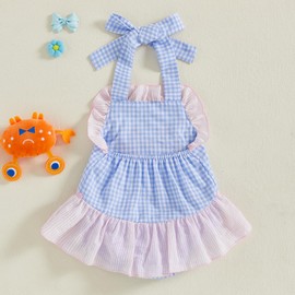 Baby Girl Outfit Sleeveless Halter Tie Up Crab Embroidered Plaid Stripe Bubble Romper Dress Summer Clothes One Piece (Blue, 3-6 Months)