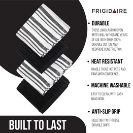 Frigidaire Claire 100% Cotton Dish Clothes,12" x 12", Solid and Stripe Print, Machine Washable, Black,4-Pack