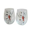 Red Cardinal Bird Birch Tree Hand Painted Stemless Wine Glasses