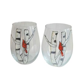 Red Cardinal Bird Birch Tree Hand Painted Stemless Wine Glasses Set 2