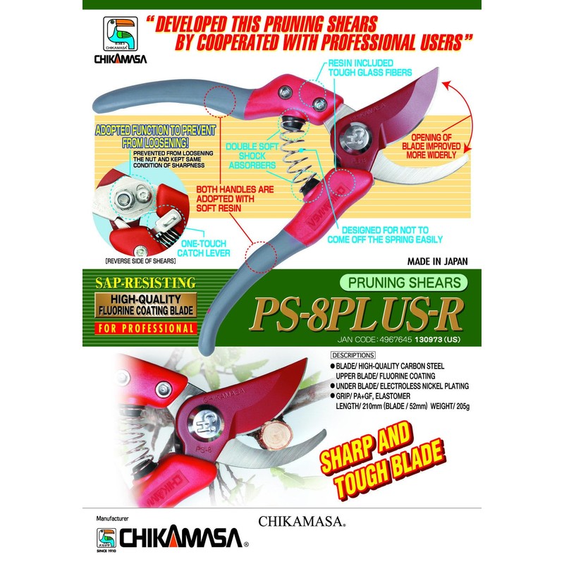 CHIKAMASA PS-8PLUS-R Professional pruning shears for horticulture and flowers with