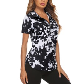 Koscacy Women's Golf Polo Shirts Short Sleeve Moisture Wicking Pullover Quarter Zipper Workout Tops Black Geometry
