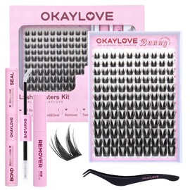OKAYLOVE Manga Lash Clusters Kit, BUNNY 8-18mm Anime Cluster Eyelash Extensions Kit, 120pcs Fairy Wipsy Lashes Clear Band Natural Eyelashes with Bond and Seal, Remover, Tweezers