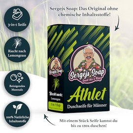 Sergejs Soap - Athlet | Festes Seifenstück 3 in 1 Seife mit 100% natürlichen Inhaltsstoffen | Duft: Zitronengras | Naturkosmetik