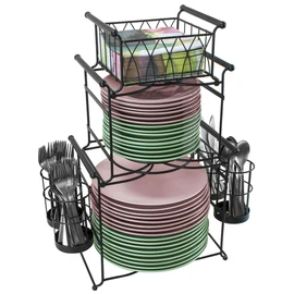 Sorbus® Buffet Caddy — 7-Piece Stackable Set Includes Plate, Napkin, and Silverware Holder, 3-Tier Detachable Tabletop Organizer — Ideal for Kitchen, Dining, Entertaining, Parties,Thanksgiving (Black)