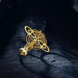 YILUOCD Witches Knot Ring for Women Stainless Steel Heart Shaped Witchcraft Celtic Amulet Ring Geometric Quaternary Celtic Knot Ring Vintage Jewelry Gift (Gold,11)