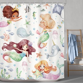 LGhtyro Kids Ocean Mermaid Shower Curtain Bathroom Set 60Wx71H Inches Underwater Cartoon Sea Animals Cute Whale Starfish Funny Sealife Bath Accessories Baby Girls Art Home Decor Fabric 12 Pack Hooks