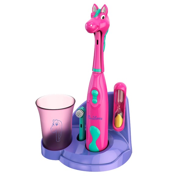 Brusheez® Kid's Electric Toothbrush Set - Soft Bristles, Easy-Press Power Button, Battery Operated, 2 Brush Heads, Animal Cover, Sand Timer, Rinse Cup and Storage Base - Ages 3+ (Prancy The Pony)