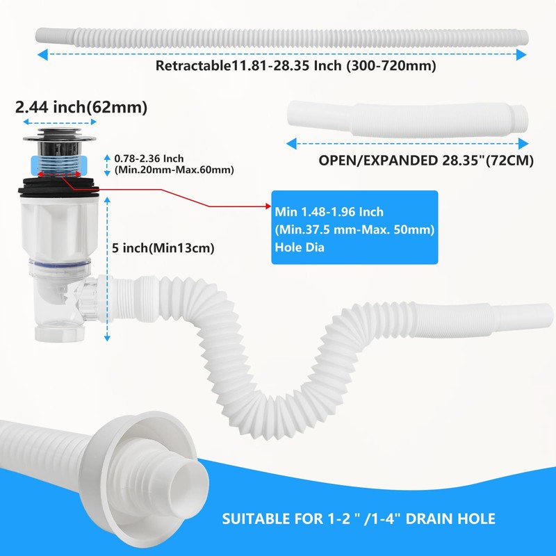 Bathroom Sink Drain Pipe Kit,Bathroom Sink Drain with Strainer Basket