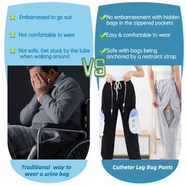 Catheter Pants for Men/Women, Urine Bag Holder with 2 Zippered Side Pockets, Holding 2x2000ml Catheter Bag for Nephrostomy, Foley, Cystostomy, Enterostomy, Urostomy Patients (2XL, Grey)