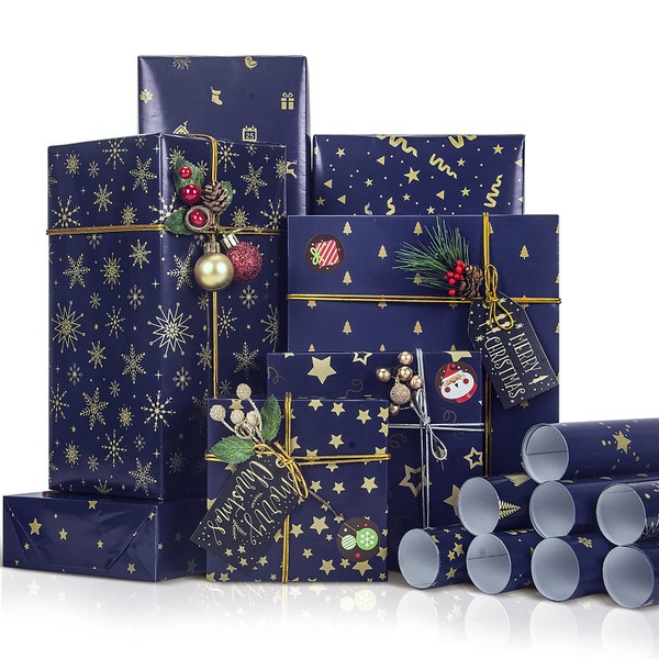 Larcenciel Christmas Wrapping Paper Rolls w/Santa Claus Sticker & Ribbon, 8 Sheets Blue Xmas Wrapping Paper, Gift Wrapping Paper Christmas Bundle, Starry Snowflake for Birthday, Hanukkah, 100 x 43 CM