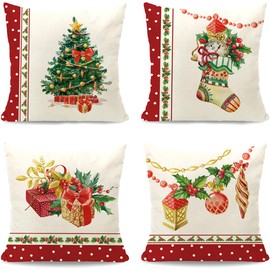 Cirzone Christmas Cushion Cover, 40 x 40 cm, Set of 4 Christmas Decorative Cushions, Christmas Tree, Christmas Stockings, Box, Christmas Decoration, Christmas Decoration for Home, Sofa, Bedroom