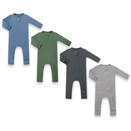 HAPIU Unisex Rayon Made from Bamboo Baby Rompers with Cuffs, 2 Way Zipper YKK, Footless Pajamas Jumpsuit, 4 Pack, Moonlight Blue & Dark Forest Green & Dark Grey & Light Heather Grey, 12-18 Months