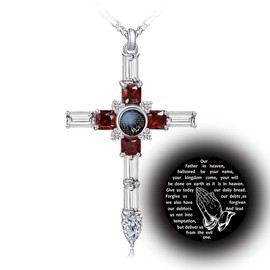 VISILOVE Cross Necklace with Lord' s Prayer and Praying Hands Pendant (Garnet Red Baguette)