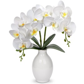 Briful White Orchids Artificial Flowers 16'' Faux Orchids in Ceramic Pot Fake Orchid Arrangement for Home Office Bathroom Tabletop Shelf Living Room Decor Indoor