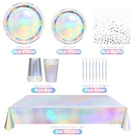 Iridescent Party Decorations, Shiny Birthday Party Tableware Supplies Including Plates, Cup, Napkins, Straws, Iridescent Foil Tablecloths - Serves 20