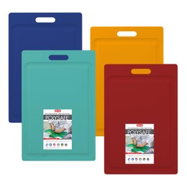 Dexas 4-Pack NSF Certified Polysafe Cutting Boards with Handle and Juice Well, 12 x 18 inches, Reversible Kitchen Cutting Board, Assorted Colors