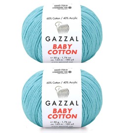 Gazzal Baby Cotton 60% Cotton 40% Acrylic - 2 Balls (50g Ball) 165m Soft 2 - Fine Baby Yarn (3451 Blue)