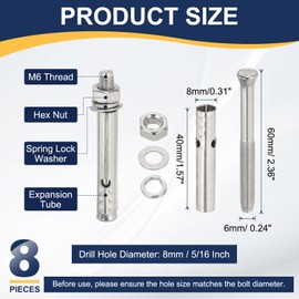 PATIKIL M6 x 60mm 304 Stainless Steel Expansion Bolts, 8 Pcs External Hex Expansion Screw Bolt Sleeve Lengthened for Concrete Drywall Construction Projects, Silver