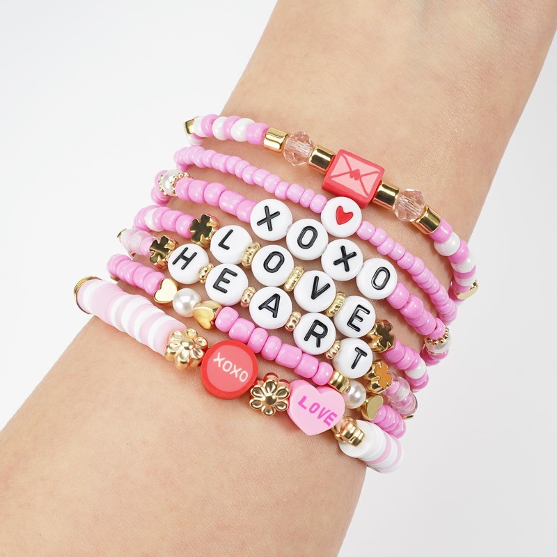 Jocbean Beaded Stackable Bracelets Love Heart Charm Stretch Bracelet for