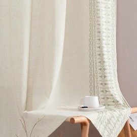 Vangao Boho Curtains Sage Green Linen Blend Embroidered Bordered Curtains for Bedroom Living Room Curtains Drapes 96 Inches Long Light Filtering Grommet Window Treatment 2 Panels Sage on Beige