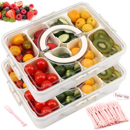 KIUGCO Divided Snackle Box Charcuterie Container with Lid and Handle, Portable Snack Serving Tray with 8 Compartments for traveling, Party, Fruit, Nuts, Candy, Entertaining, Picnic, 2 Pack