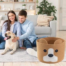 HomeyPine Dog Baskets, Baby Nursery Basket for Toys, Towels, Clothes, Cotton Rope Animal Storage Basket for Kids | Dog Gift Basket (Brown-yellow, 16" L×12" H)