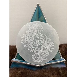 CrystalsAhoy Etched Selenite Charging Plate ~3", A5062 Celestial Woman Design, Charge and Cleanse Your Crystals and Jewelry, Ethically Mined, Etched in Appleton USA