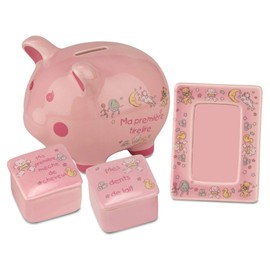 BRUBAKER My First Piggy Bank Gift Set for Baby Boy - 4 Pcs Keepsake Gift Set includes Piggy Bank, First Curl, First Tooth and Photo Frame - Pink - French (Français)