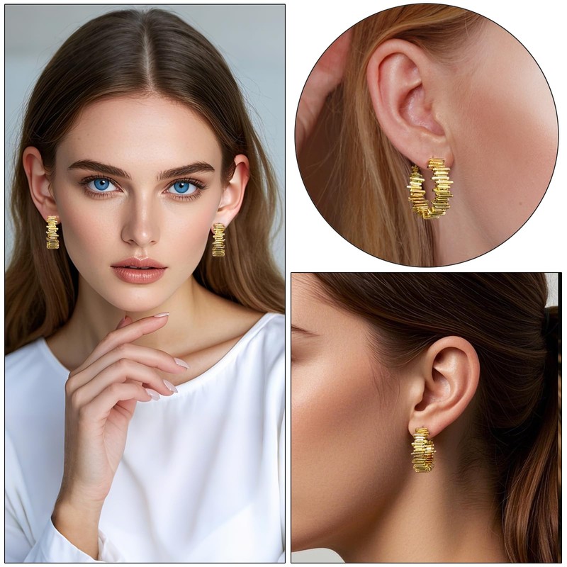 14K Gold Plated Hoop Earrings, Sterling Silver Needle, Lightweight with