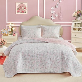 Joyreap Twin Size Floral Quilt Set for Girls, Pink Flowers Green Leaves Design, 3pcs Microfiber Lightweight Quilt Bedding Set, Bedspread Bed Cover for All Season- 68x88 inches