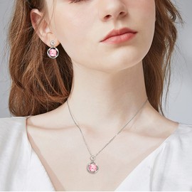 EleQueen Silver-tone Gorgeous Prismatic Necklace Stud Earrings Jewlery Set with Pink Birthstone Crystal from Austria for Women Girls, Valentine's Day/Mother's Day/Christmas Jewelry Gift for Girlfriend/Mom