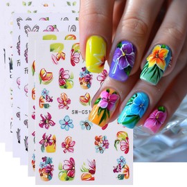 6 Sheets Flower Nail Art Sticker Decals, Colorful Floral Nail Stickers Spring Nail Decals for Nail Art Cute Daisy Butterfly Design Nail Supplies Elegant Self Adhesive Nail Decals for Women Decor