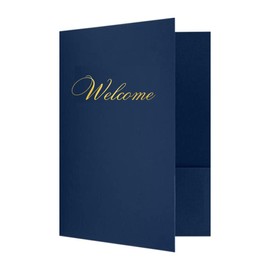 Welcome Packet Folders Dark Blue Linen Full Size with Two Pockets | 25 pk 9x12” Gold Foil Membership, Church, Team, New Hire, Visitors Business Card Insert HR Professional