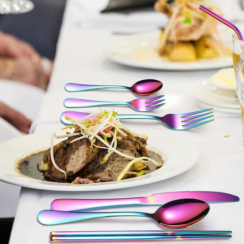 AIMALL 8-Piece Stainless Steel Portable Dinnerware Set with Multi-Coloured Cutlery