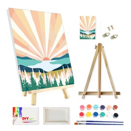 Framed with Easel Paint by Numbers Kit for Adults Beginners, Sunrise Easy Acrylic Watercolors Oil Number Painting Art on Streched Canvas with Easel for Home Wall Decor and Gift 7.8x11.8inch