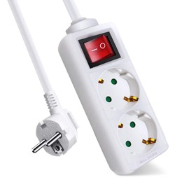 EXTRASTAR 1.5M 2 Way Power Strip with Switch for Home, Office and Travel, 16A, 250V, 3680W, White