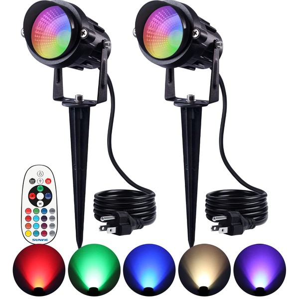SUNVIE RGB Outdoor Spotlight 12W LED Color Changing Landscape Lights with Remote Control 120V Landscape Lighting Waterproof Spot Lights Outdoor for Yard Garden Patio Lawn Decorative, 2 Pack