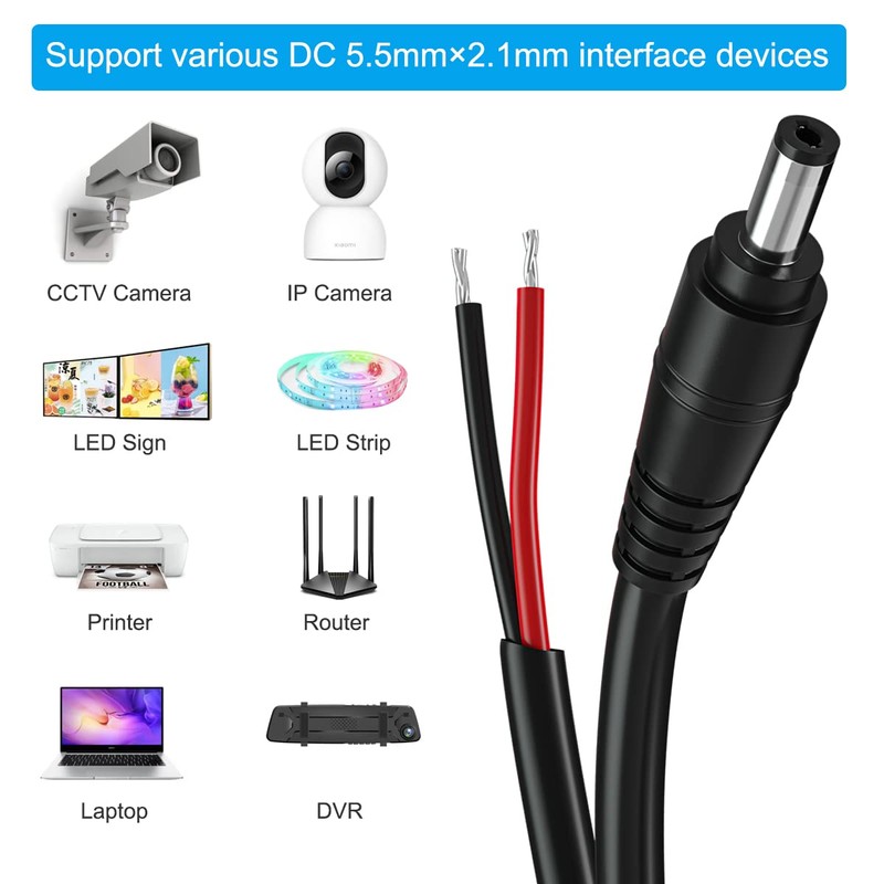 DC Power Pigtail Cable,16AWG DC Plug Barrel Connector Male 2.1mm