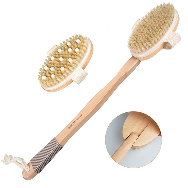 Dry Brushing Body Brush, POPCHOSE Body Scrubber for Men Women, Back Scrubber for Shower, Natural Bristle Exfoliator Scrubber for Body Cellulite and Lymphatic, Long Handle, Detachable, Dual Brush Heads