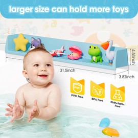 snuggery Bathtub Splash Guard for Kids, 2.64FT Extra-Wide Splash Barrier with 17 Suction Cups & Toy Shelf - Flexible Silicone Tub Ledge Organizer for Bathroom Safety and Dry Floors, (Blue)