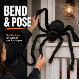 Giant Light-Up Spider for Halloween Decor – Poseable Black Plush Spider with Purple LEDs for Yard, Porch & Haunted House Displays