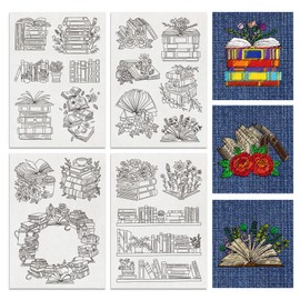 BENECREAT 4 Sheets 18PCS Stick and Stitch Embroidery Paper, Books and Flower Theme Stabilizer Water Soluble Hand Sewing for Carves, Shirts, Coats, Bags, Towels