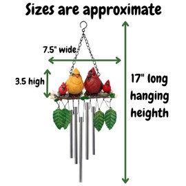 Cardinal Wind Chimes Family - 4 Cardinals Sitting on a Birch Branch - Greenery & Holly & Hanging Leaves with Chimes - Red Bird Backyard Hanging Decorations