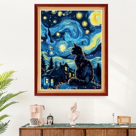 Funart Stamped Cross Stitch Kits for Beginners Full Range of Cross Stitching Preprinted Embroidery Kits for Adults, 11CT Embroidery Pattern Needlepoint Kits-Van Gogh Starry Cat 16x20 inchs