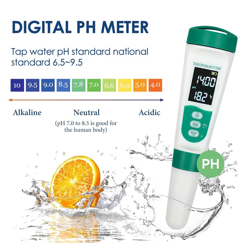 Cuteefun pH Value Meter, 5-in-1 Water Tester with VA Backlight,