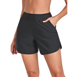 RELLECIGA Women's Black High Waisted Swim Shorts with Pockets UV Sun Protection Board Shorts for Women Size Large