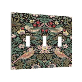 Morris Vintage Floral Strawberry Birds Botanical 3 Gang Light Switch Plate Decorative Olive Triple Toggle Wall Plate Cover Electrical Faceplate for Bathroom Home Living Room Bedroom Art Panel Decor