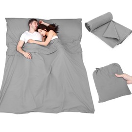 Plliocse Sleeping Bag Liner Travel Sheet Sleeping Bag, Double Size 160 x 210 cm Sleeping Bag Liners with Pillow Pockets for Adults, Travel, Hotels, Business Trip, Camping (Grey, 160cm x 210 cm)