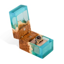 RWA resinwood.art - ACCORD - Resin & Wood Engagement Box for luxury rings, Unique Resin ring holder for Proposal, Luxury Wooden Gift Ring Box Display (Aqua Blue Resin, single ring box)